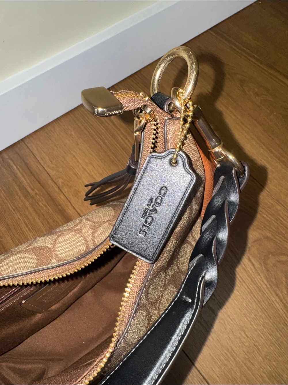 Coach Brown Signature Canvas Shoulder Bag with Black Strap